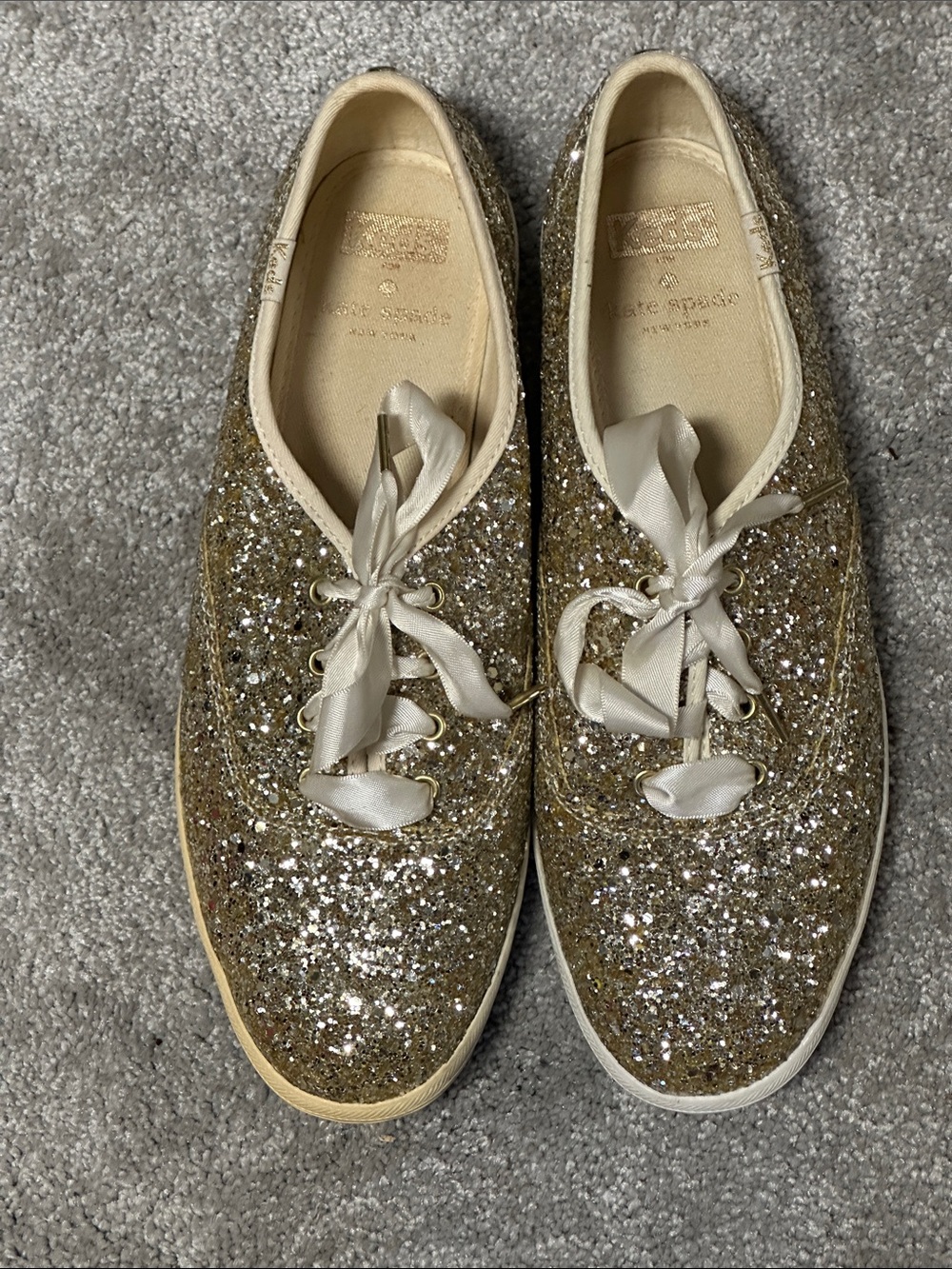 Glitter Lace-Up Flats in Gold with Satin Ribbon Laces
